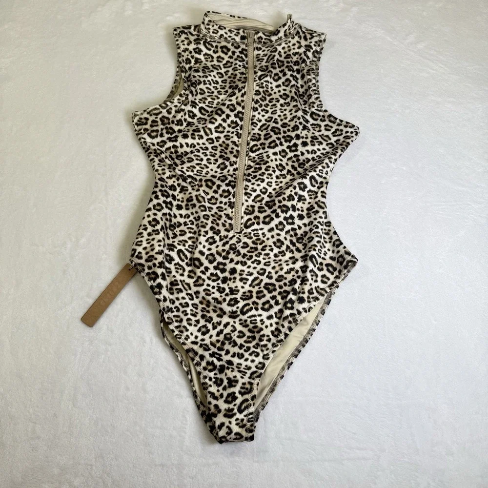 NWT SKIMS Signature Swim Zip Front Sleeveless 1 Piece Champagne Leopard Print M